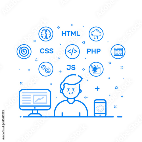 Vector illustration of blue icon in flat line style. Linear cute and happy man with laptop.