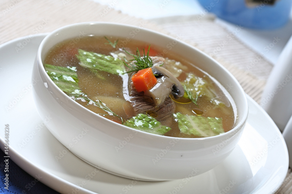 Close up of broth soup Close up of broth soup