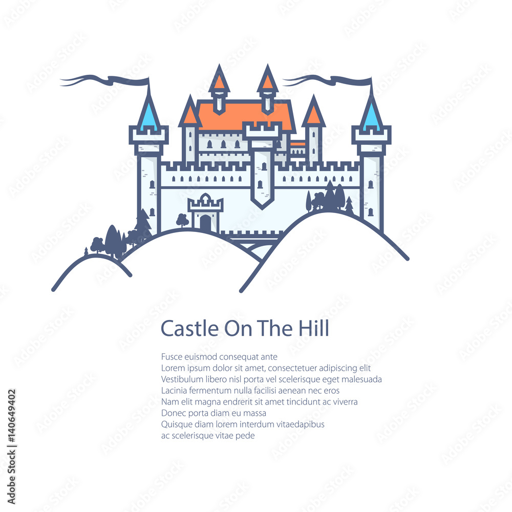 Poster Castle Hill , Design Element for Real Estate or Hotel, Old Fortress and Text, Royal Palace on White Background, Historic Landmark, Brochure Flyer Design, Vector Illustration