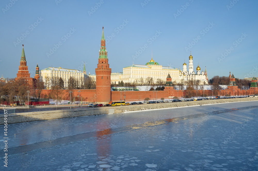 Beautiful winter view of the Moscow Kremlin and the Kremlin embankment