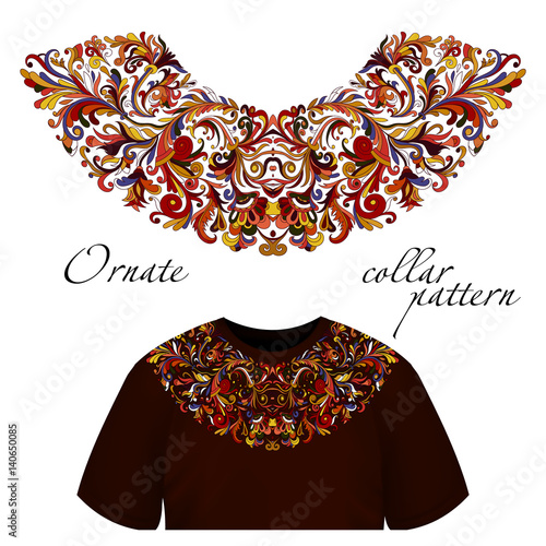 Vector design for collar t-shirts and blouses. Colorful ethnic flowers neck line. Embroidery for Fashion