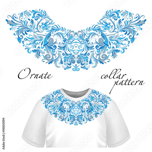 Vector design for collar t-shirts and blouses. Colorful ethnic flowers neck line. Embroidery for Fashion
