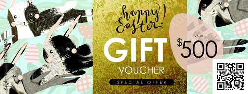 Gift certificate, Voucher, Coupon template with animal fur textured hare (rabbit), festive eggs and shabby gold texture. Spring inspiration. Easter campaign concept.