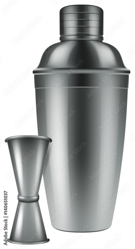 Silver jigger and shaker. Vector illustration. Silver jigger and shaker. Vector illustration.