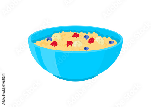 Porridge oats in bowl with bananas, raspberry, blueberry and cereals isolated on white.