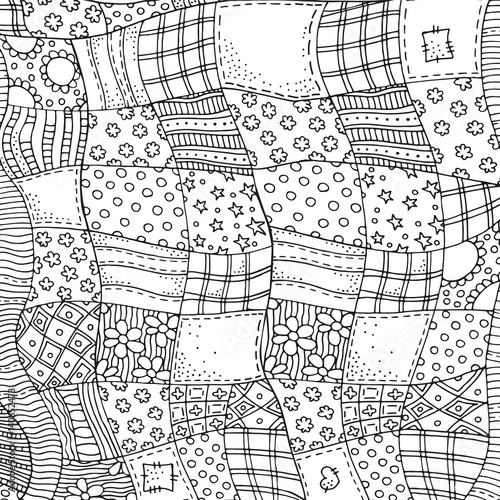 Quilt blanket background. Adult coloring book page.