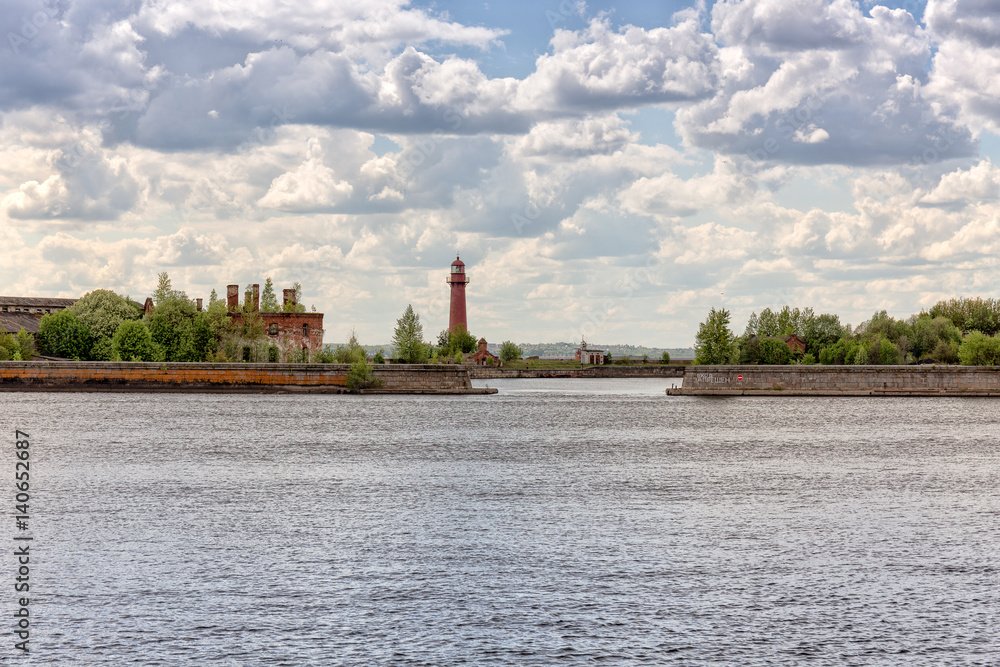 SAINT-PETERSBURG, RUSSIA - MAY 17, 2016: Old Nicholas lighthouse at the island Kronshlot, Russia