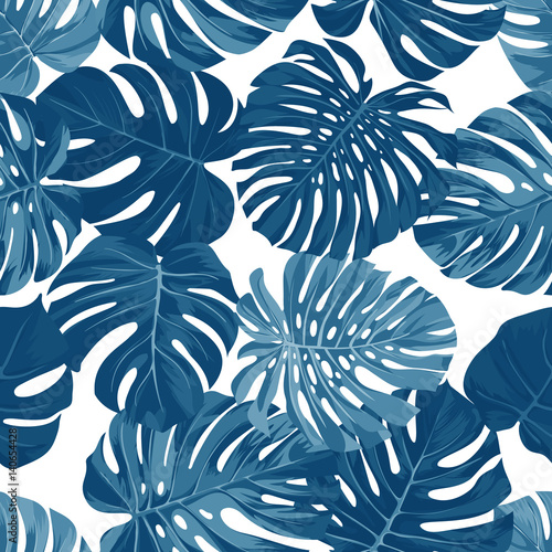 Vector seamless pattern with monstera palm leaves on dark background. Summer tropical fabric design.