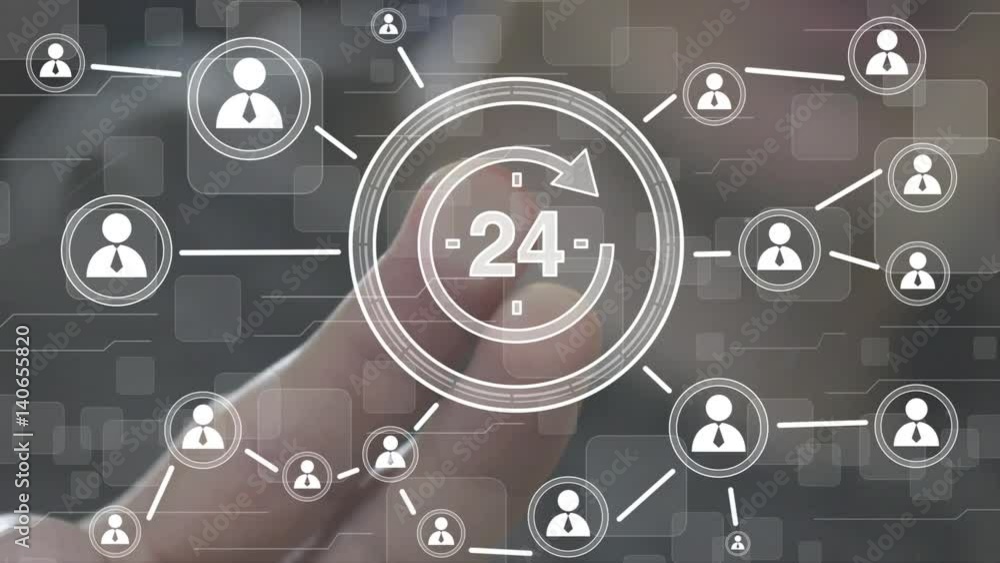 Businessman presses button 24 hours service online network icon Businessman presses button 24 hours service online network icon