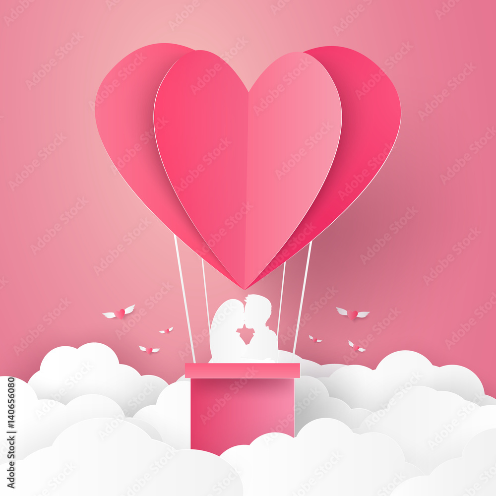 Fototapeta Walentynki, ilustracja miłości, para całuje na balonie w kształcie serca, papierowy styl sztuki