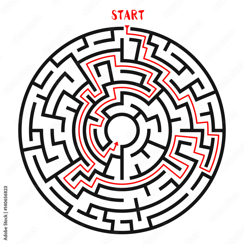 Circle Maze with Solution. Labyrinth with Entry and Exit. Find the Way Out Concept. Vector Illustration. Circle Maze with Solution. Labyrinth with Entry and Exit. Find the Way Out Concept. Vector Illustration.