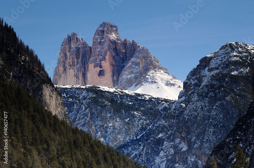Tre Cime di Lavaredo, Drei Zinnen, in Dolomites, view from Valle di Landro. Veneto, Italy