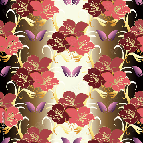 Floral modern seamless pattern background wallpaper illustration with vintage gold red violet paisley flowers. Luxury vector texture fjr fabric, textile. photo