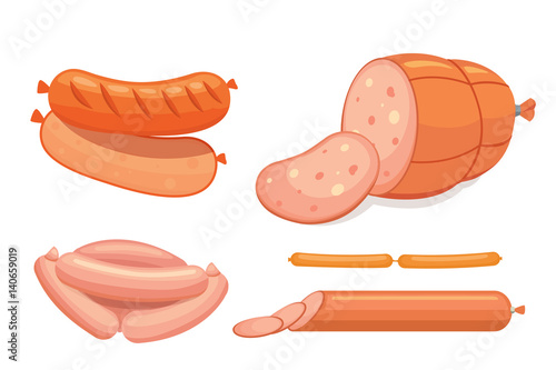 PrintSet of vector cartoon sausage. Bacon, sliced Salami and Smoked Boiled. Isolated fresh Delicatessen icons. Grilled product on a white background