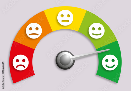 Concept de l’évaluation d’une opinion avec un compteur indiquant différents indices de satisfactions, présentés sous forme d’émoticônes.