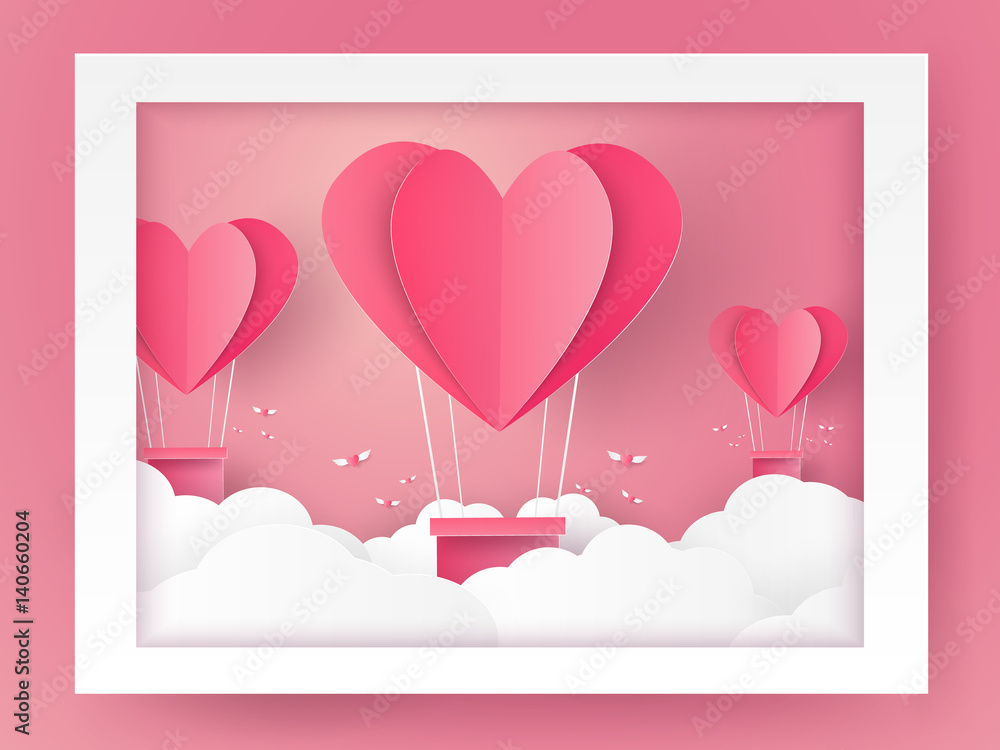 Valentines day , Illustration of love , Hot air balloon and cloud in window , paper art style