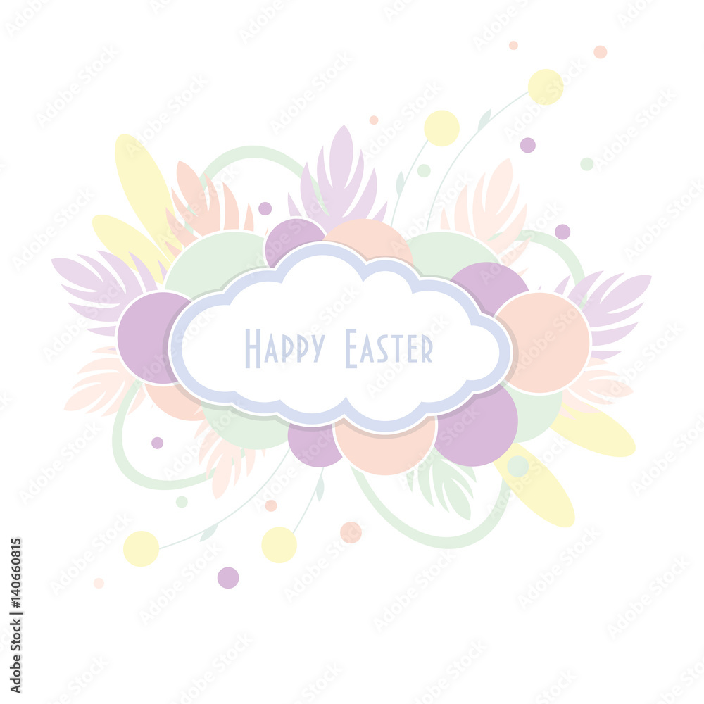 Text Happy Easter in cloud on colorful background. Cute holiday vector