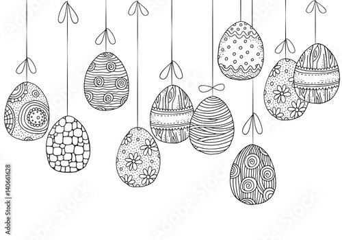Background with hanging Easter eggs. Hand-drawn decorative elements in vector. Pattern for adult coloring book. Black and white. Zentangle.
