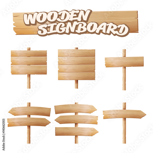 Wooden Signboards Set Vector. Empty Cartoon Banner. Arrow, Plank With Cracks. Wood Material Elements. Space For Text
