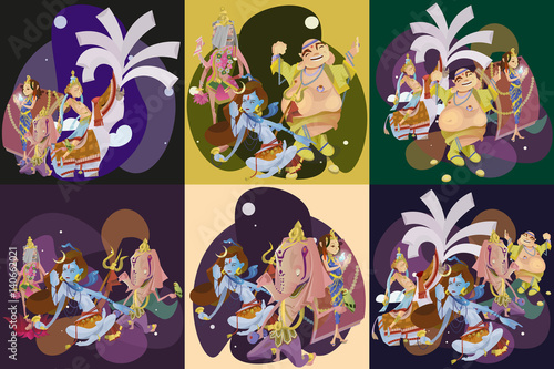 Set of isolated hindu gods meditation in yoga poses lotus and Goddess hinduism religion, traditional asian culture spiritual mythology, deity worship festival vector illustrations, T-shirt concepts