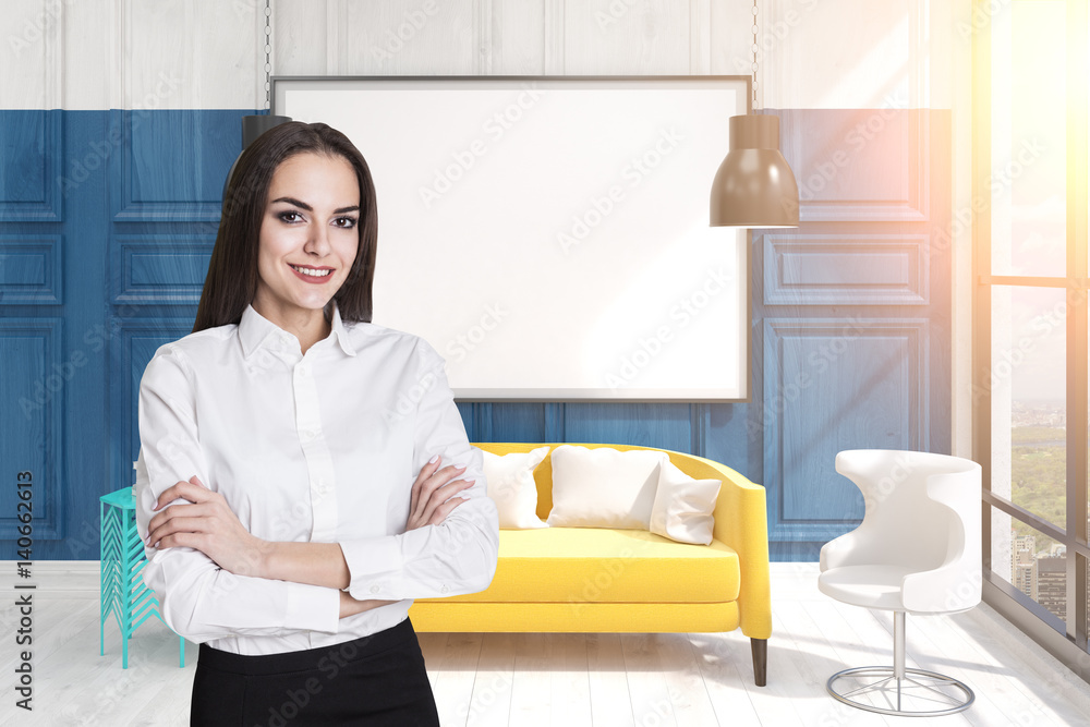 Girl in a wooden room with a whiteboard