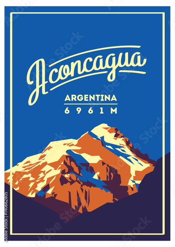 Aconcagua in Andes, Argentina outdoor adventure poster. High mountain illustration.