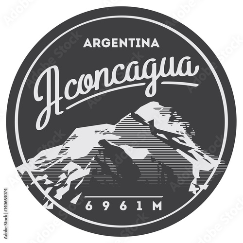 Aconcagua in Andes, Argentina outdoor adventure badge. High mountain illustration.