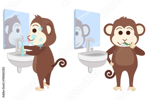 Monkey wash face and brush teeth at bathroom.