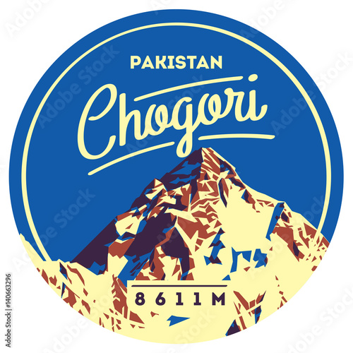 K2 in Karakoram, Pakistan outdoor adventure badge. Chogory mountain illustration.
