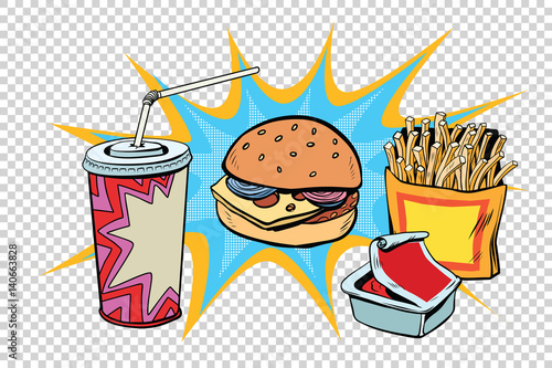 Fast food set Burger fries drink and sauce