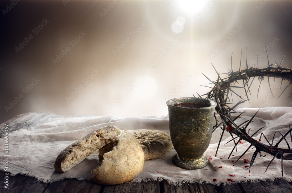 Naklejka premium Communion And Passion - Unleavened Bread Chalice Of Wine And Crown Of Thorns 