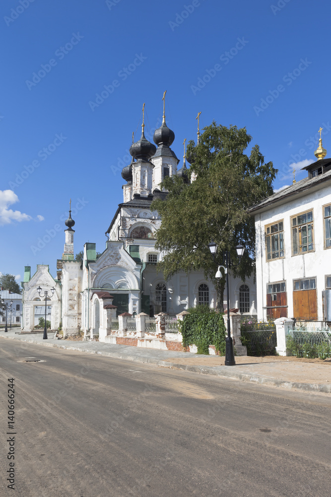 Street Naberezhnaya and Cathedral Prokopy Ustyugsky in Veliky Ustyug, Vologda Region, Russia