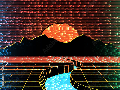 Retro landscape in the style of 80s. synth pop;