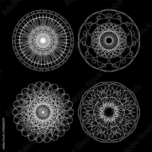 Guilloche set. Black and white circle lace ornament, round ornamental geometric pattern