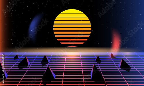 Sun, bright,  synth pop light grid background. Vector Retro background 80s. synth pop