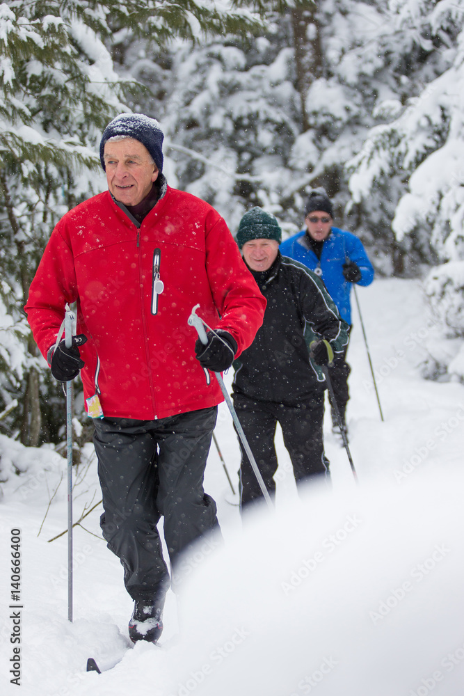 seniors in winter on snow with skis cross-country skiing