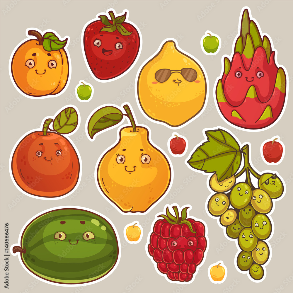 Fototapeta premium Collection of Cute Fruit Stickers. Cute Cartoon Characters