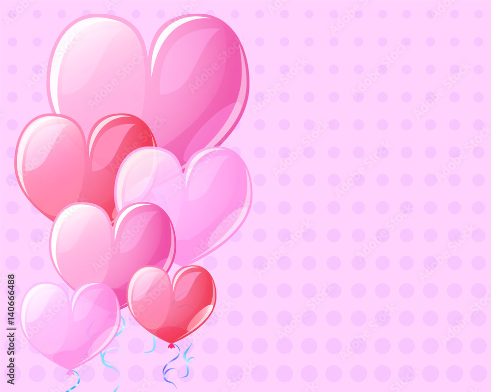 Pink background with heart air balloons. Vintage card template for Valentine Day with text place.