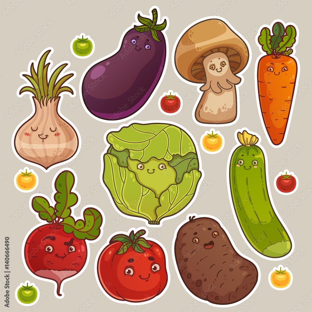 Collection of Cute Vegetable Stickers. Cute Cartoon Characters Stock ...