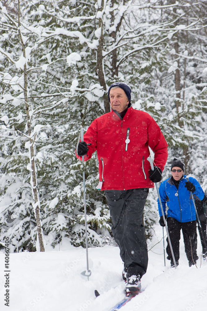 seniors in winter on snow with skis cross-country skiing