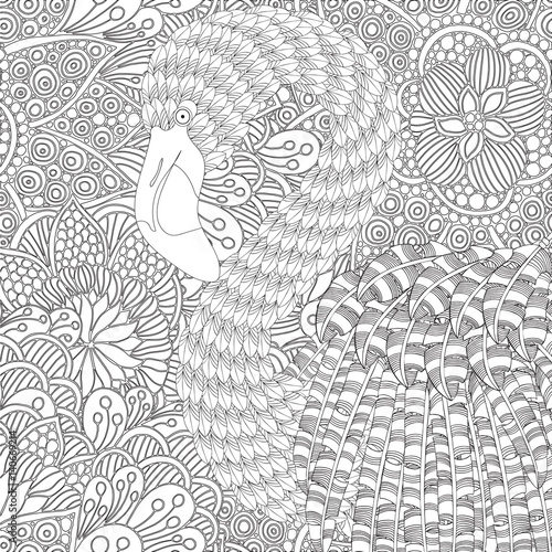 Fantastical Bird coloring book. Amazing flamingo with feathers and patterns and plumage. Black and white. Beautiful and Fun Image to Color In. Indian, tribal, zentangle patterns