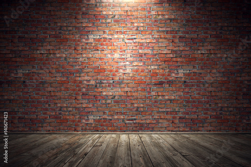 Empty old grungy room with red brick wall and wooden floor. 3d rendering
