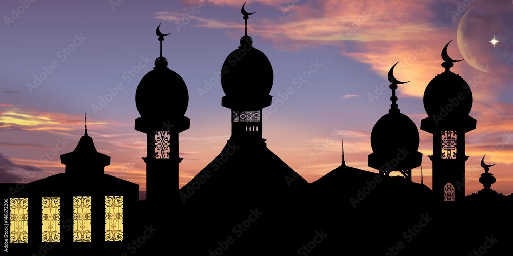 Ramadan background . The moon in pink clouds The mosque on a blue background. Sacred month for the Muslim.. 