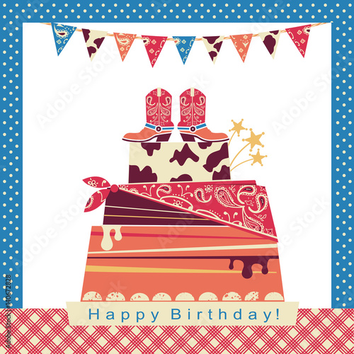 Cowboy party illustration with big cake and cowboy shoes on sweet cake.