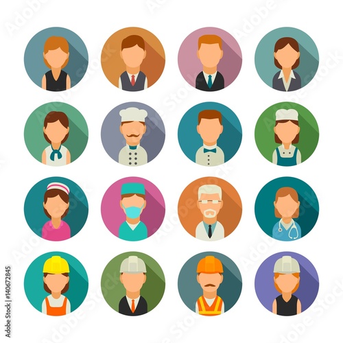 Set icon character cook, builder, business and medical people.