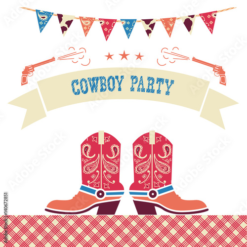 Cowboy party western card.Vector symbols with cowboy shoes