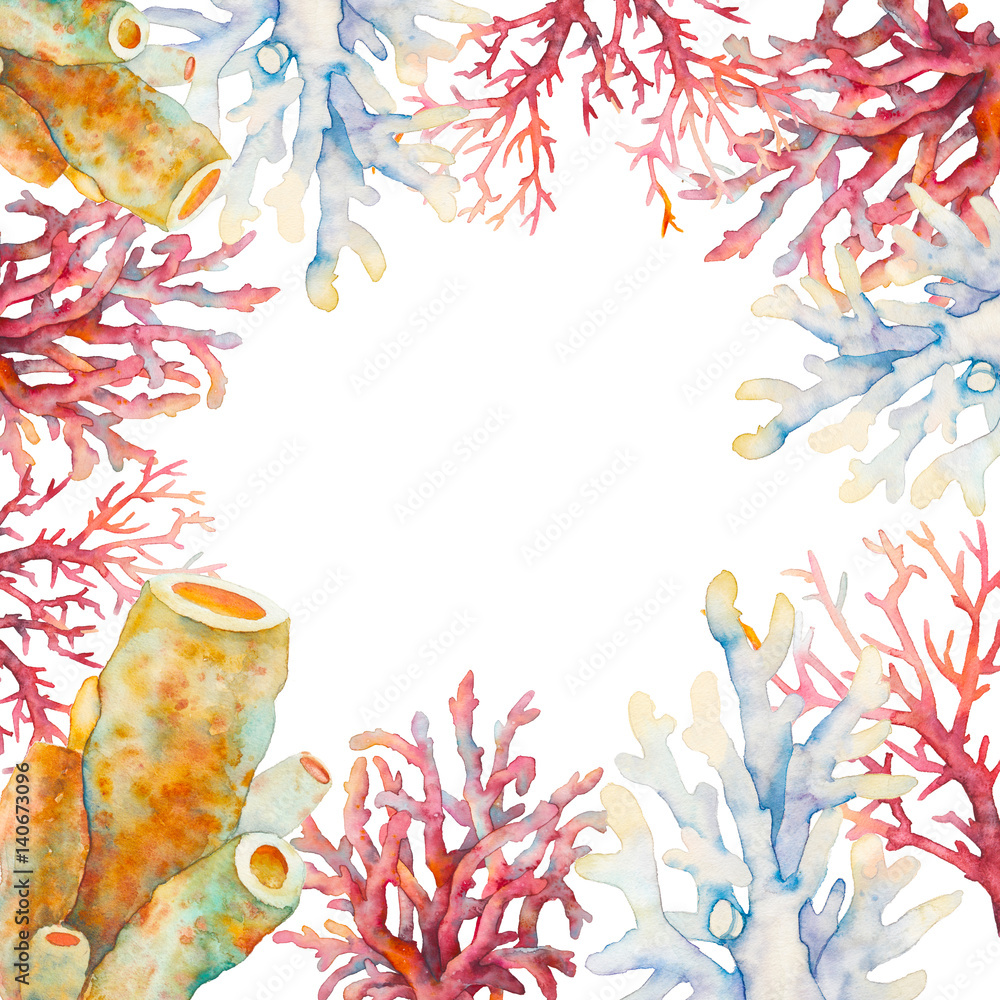Fototapeta premium Watercolor coral frame illustration. Hand drawn isolated card design with underwater branches on white background.