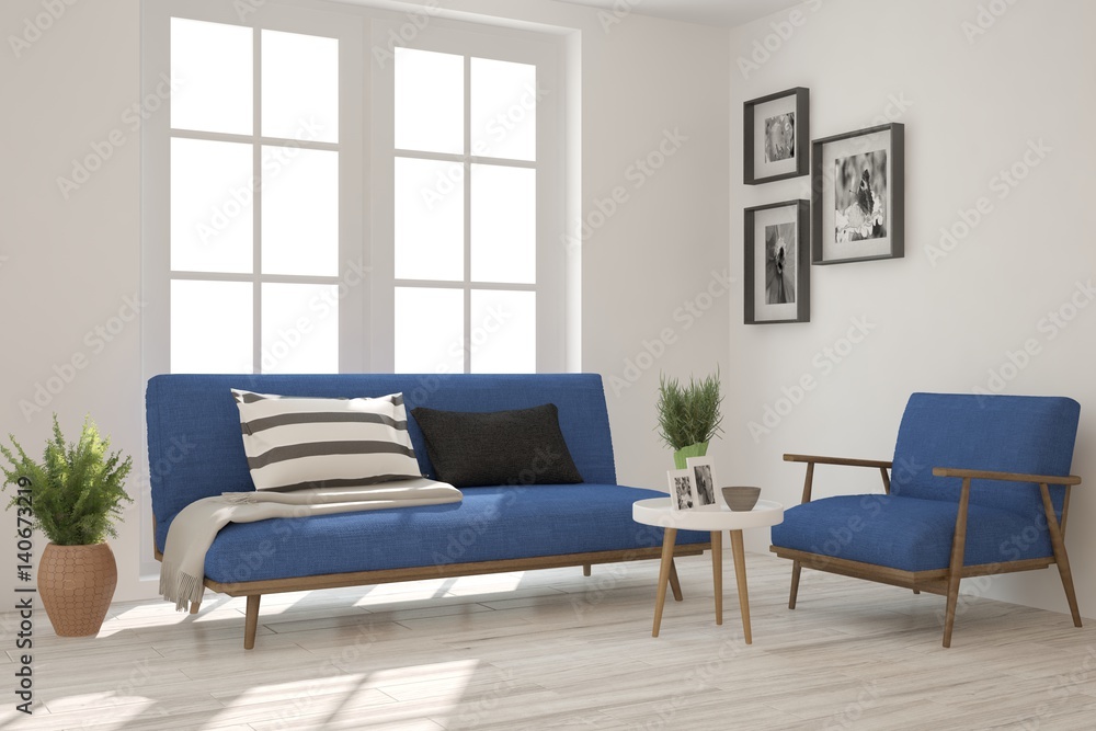 Fototapeta premium White modern room with sofa. Scandinavian interior design. 3D illustration