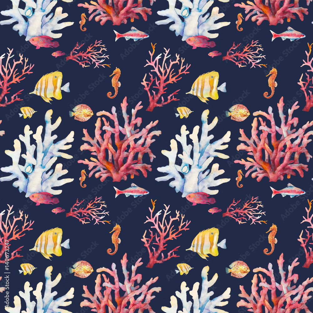 Watercolor coral reef seamless pattern. Hand drawn realistic background