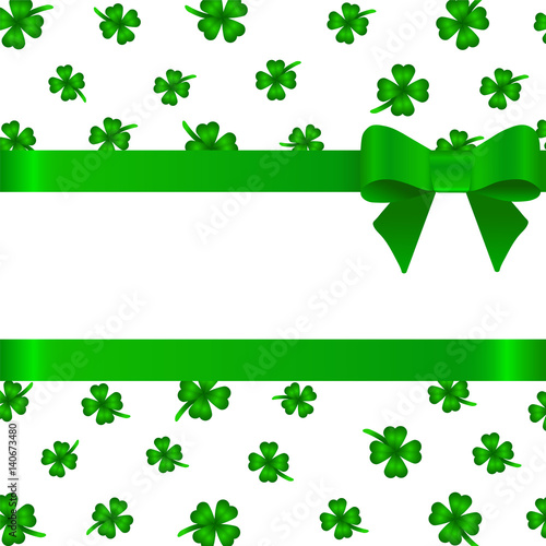 Template for postcard with bow  clover leaves. St.Patrick  s Day